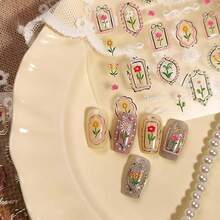 Flower Nail Art Stickers 5D Embossed Nail Decals Tulip With Golden Design Nail Stickers For Spring Nail Art Se--Adhesive Summer Manicure Decorations For Women Acrylic Nail Supplies - Style3 - 查看 3