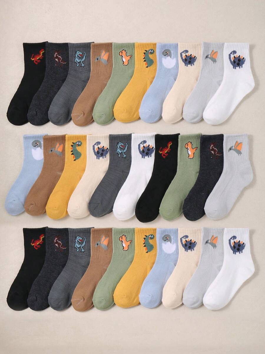 20 Pairs Kids Dinosaur Pattern Knee High Socks, Fashionable Casual Suitable For Boys And Girls, All Season Wear - Multicolor - View 1