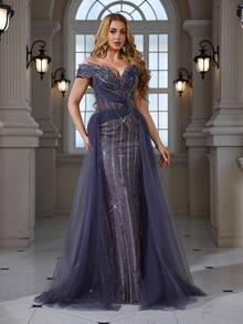 Đầm đuôi cá thanh lịch với ren thêu đính cườm và kim sa, thích hợp cho đám cưới, họp mặt, tiệc trang trọng mùa xuân. - Màu tím - Xem 7