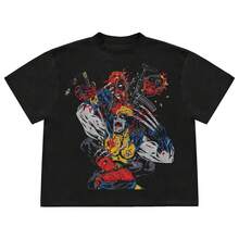 Camiseta de algodón de manga corta con estampado de Deadpool y Wolverine de , para niños, estilo callejero, talla grande - Negro - Ver 1