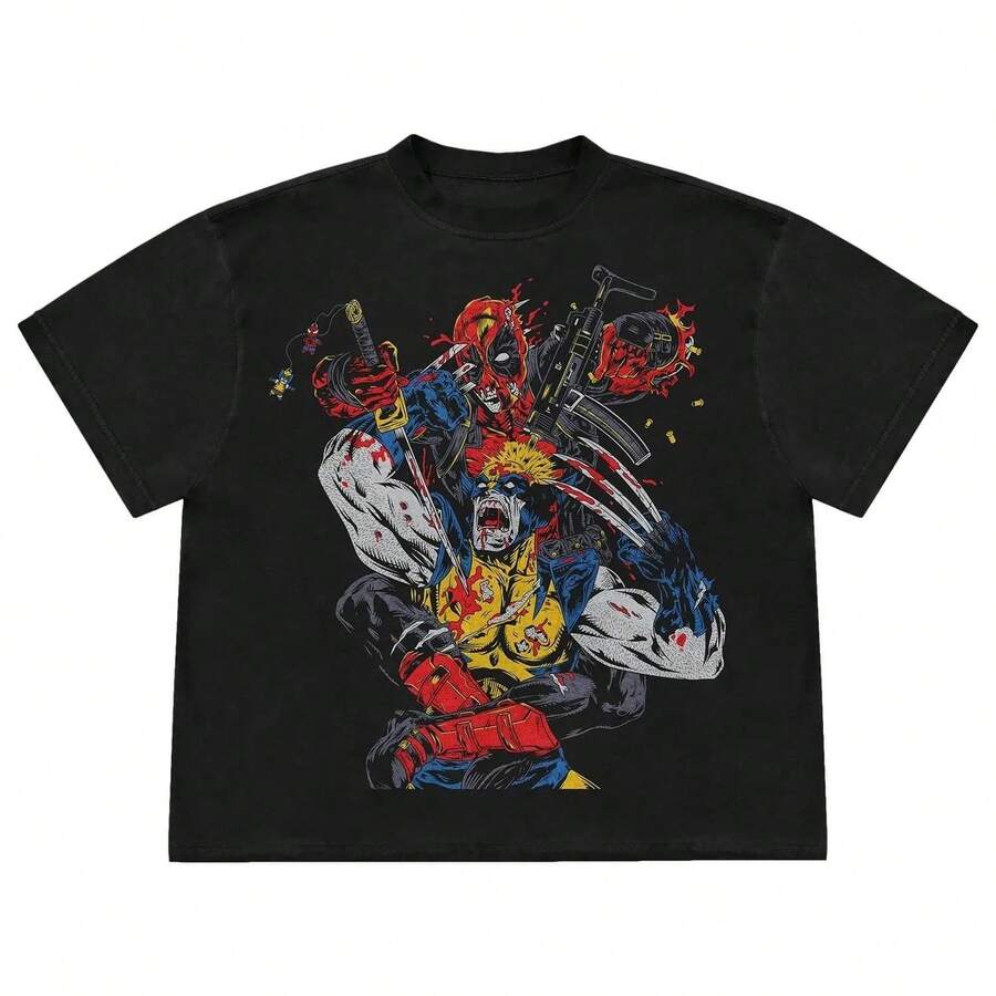 Camiseta de algodón de manga corta con estampado de Deadpool y Wolverine de , para niños, estilo callejero, talla grande - Negro - Ver 1
