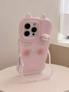 1个粉色波浪边小狗耳朵支架手机壳，带粉色挂绳，兼容 11/12/13/14/15/16/17/Pro Max