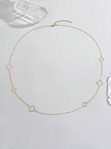 1pc Fashionable Lucky Clover Pendant Necklace, Elegant Stainless Steel Hollow Flour-Leaf Clover Pendant Long Chain Necklace, 18K Gold Plated Long Necklace, Suitable For Women Daily Wear And Gift - Gold - View 4