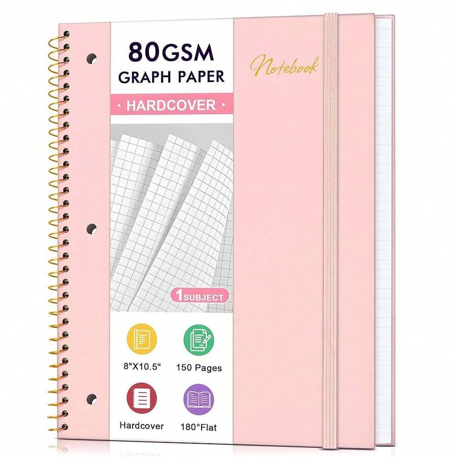 Graph Paper Notebook,1 Subject 80GSM Thick Grid Paper Notebook 8\ X 10-1/2\, Hardcover Spiral Notebooks For Schoolsss Work Women Men, Graphing Notebook Journal For Writing,3-Hole Punched Perforated Pink - 粉色 - 查看 1