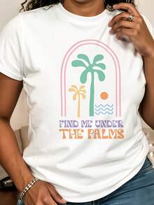 Women Tropical Palm Tree T-Shirt Soft Breathable Crew Neck Top With Find Me Under The Palms Print Lightweight Beach Vacation Shirt In Pink Green Orange Loose Fit Casual Everyday Summer Outfit For Women Machine Washable Coastal Clothing Beach T Shirt Vacation Apparel Playful Design Comfortable Wear Travel Clothing Boho Chic Durable Material Short Sleeve Tee Travel Enthusiasts - White - View 1