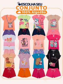 Kit Sortido 8 Peças de Roupas Infantil Bebê Menina (4 Camisetas + 4 Shorts) Kit 4 Conjuntos Bebê - Multicolorido - Visão 11