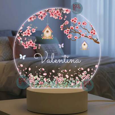 Luminária acende Branco Quente - Bebê Flores CEREJEIRA - Maternidade Personalizado, Decoração, Criança, Borboletas, Abajur, Nascimento, Presente