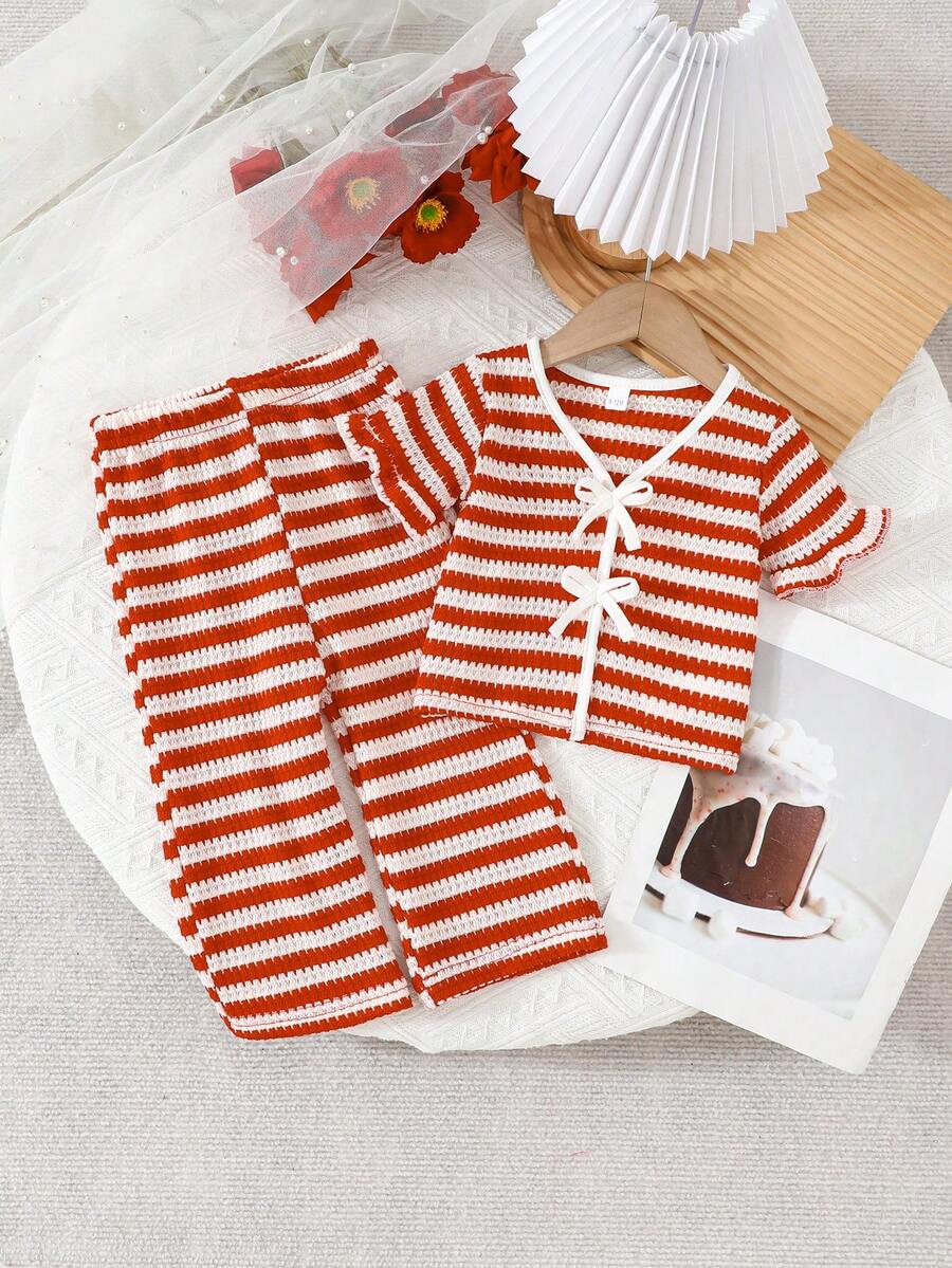 两件套女婴条纹蝴蝶结上衣和简约长裤优雅时尚套装 - 紅色 - 查看 1