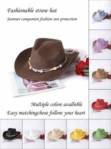 1 件纯色波西米亚休闲草编宝石牛仔帽，海滩度假防晒草帽，男女通用，适合通勤，四季皆宜