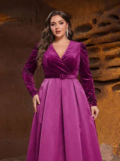 Faeriesty 大码女士优雅V领正式晚礼服，公主袖，荷叶边细节 - 精致长袖交叉前襟设计，束腰带，飘逸A字及地长裙，适合盛大节日庆典、新年晚会、正式婚礼招待会、豪华周年纪念晚宴和节日舞会。