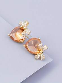 1 Pair Elegant Luxury Champagne Heart-Shape Copper Set Sparkling Synthetic Zirconia Stud Earrings For Women, Hypoallergenic Daily Chic Jewelry, Perfect Gift For Birthday, Anniversary, Valentine's Day & Festive Occasions