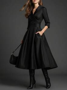 优雅时尚的欧式法式风格女士长袖连衣裙，大翻领设计，简约假日休闲韩式正式收腰性感深V领显瘦连衣裙，秋冬黑色春季款 - 黑色 - 查看 8