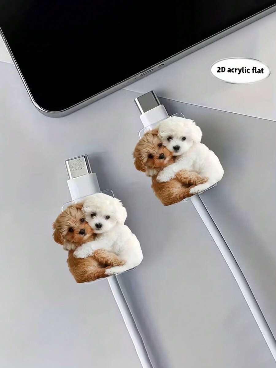 2个可爱泰迪狗造型数据线保护套，防刮耐用，手机线缆整理亚克力套管，兼容苹果/Type-C充电线 - 彩色 - 查看 1