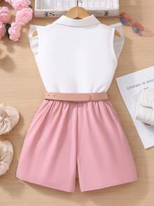 2pcs/Set Girls' Fashionable Elegant Ruffle Blouse And Beaded Shorts Set, No Belt, Summer