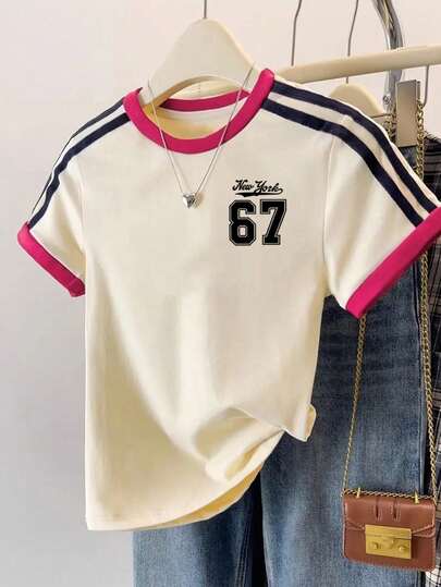 Women's Casual Contrast Color Number 67 Print Side Stripe Collegiate Beach Daily Wear Round Neck Short Sleeve T-Shirt Summer