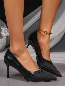 Pointed Toe Lace Patchwork Super High Heel Pumps, Versatile For Business, Social Events, Workplace, Fashionable & Elegant, Suitable For All Seasons - Black - View 5