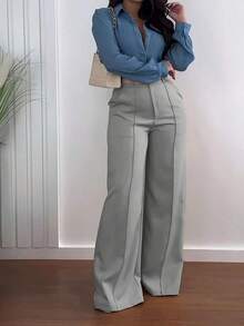 Solid Color Zipper Pocket Button Waistless Elegant Fashion Versatile Suit Pants, For Daily Commute - 灰色 - 查看 5