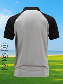 1件男士夏季灰黑撞色插肩袖Polo衫，速干弹力休闲商务修身短袖 - 灰色 - 查看 2