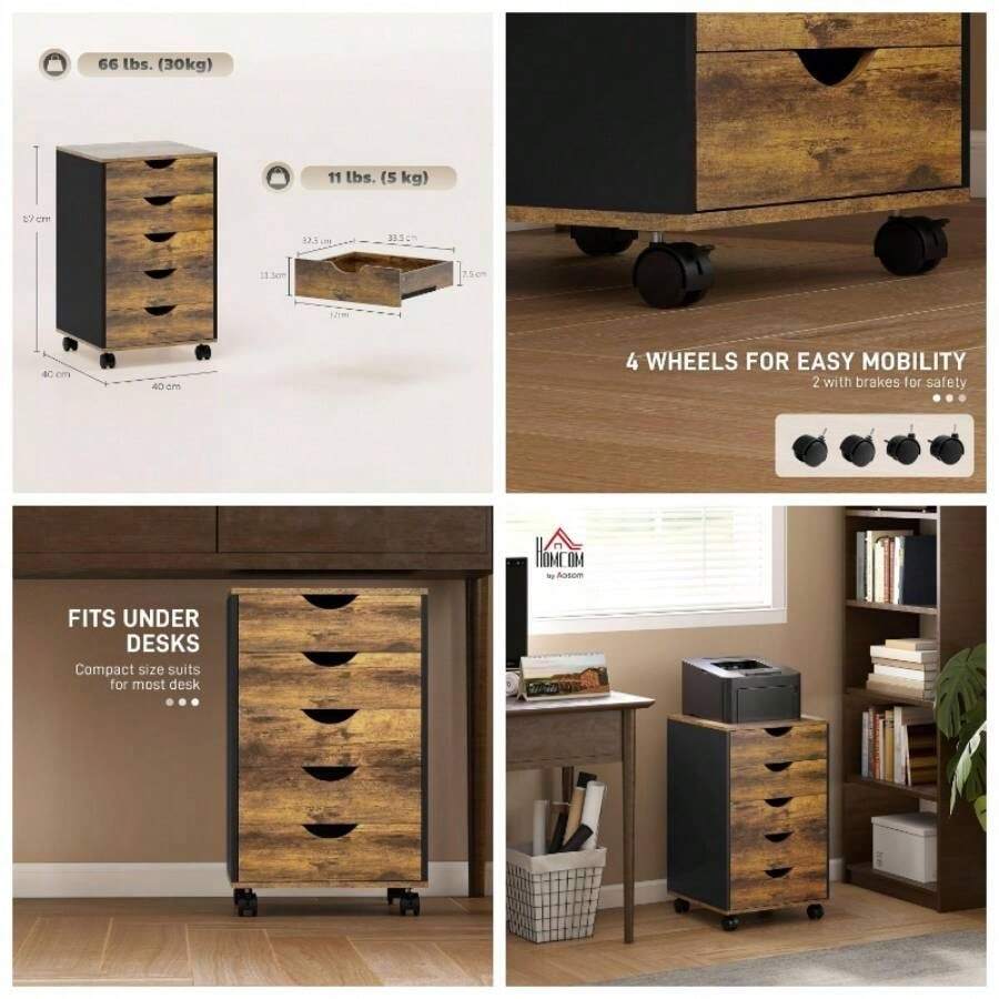 5 Drawer Filing Cabinet, Vertical Under Desk File Storage With Wheels Home Office, Rustic Brown - Rustic Brown - View 1