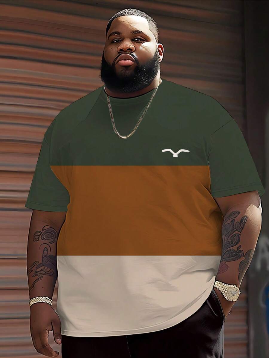 Camiseta de hombre talla grande con estampado a cuadros y contraste, de tela de punto de poliéster, cuello redondo, ajuste casual, diseño gráfico novedoso - Caqui - Ver 1