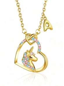 1件女孩可爱流行3D气球英文字母和心形独角兽镀金项链，可作为日常佩戴首饰配饰或礼物 - 金色 - 查看 5