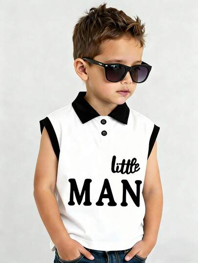 男童简约标语印花 Polo 领背心，适合春夏儿童穿着