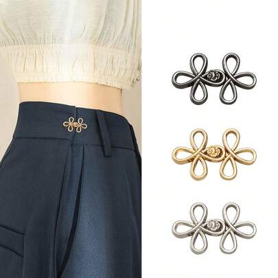 2 Pairs Metal Seamless Waist Belt Buckle, Detachable Lucky Knot Clasp, Suitable For Jeans And Skirts, Adjustable Fashion Accessory - Black, Gold, Silver Gray, Bronze