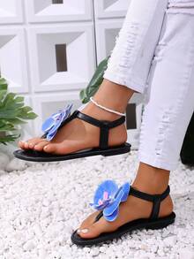 Minimalist Dopamine 3D Blue & Pink Orchid Elastic Strap Slip-On Women Outdoor Sandals & Stylish Summer Women Slippers - Black - View 1