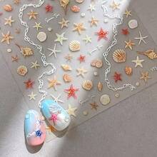 2 Sheet 5D Embossed Nail Art Stickers Se--Adhesive Nail Stickers For Summer Nail Art With Starfish Shell Design Colorful Nail Decals Conch Nail Supplies For Women Manicure Decorations - 樣式1 - 查看 4