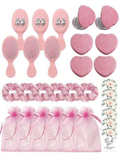 Brodark 5/30pcs Pink Valentine's Day Mini Heart Flashing Folding Mirror, Bow Hair Scrunchies, Drawstring Pouch And Thank You Card (5pcs Per Set, 30pcs For 6 Sets), Suitable For Bridal Party, Wedding Favors, Bachelorette Party, Birthday Party, Back To School, Gifts For Family, Friends, Girlfriend, Mom, Everyday Use