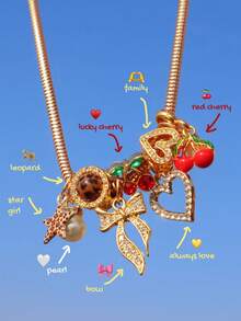 1件豹纹星星吊坠珍珠项链、豹纹樱桃项链、红色樱桃星星手链、经典心形领结项链、时尚领结项链 - 金色 - 查看 10