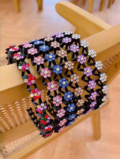 6pcs Elegant Rhinestone Flower Decorated Non-Slip Headbands, Decorative Floral Design Suitable For Daily Wear, Parties And Special Occasions