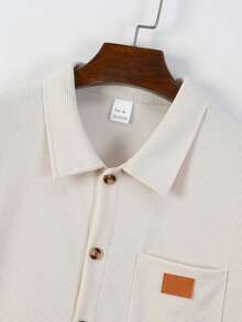 男士两件套，时尚纯色口袋单排扣翻领短袖衬衫+抽绳短裤，男士休闲假日套装，情人节礼物 - 卡其色 - 查看 3