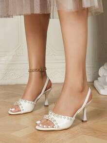 女士优雅舒适稳固支撑精湛工艺闪亮装饰纯色尖头低帮露跟细高跟鞋，时尚百搭，适合工作、约会、春夏穿着，黑色高跟鞋 - 白色 - 查看 4