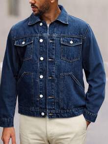 Men's Fashionable Casual Street Style Denim Jacket, Versatile Young Streetwear College Jacket, Fall - Blue - View 1