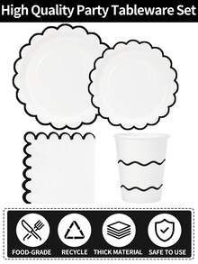 10pcs/50pcs/80pcs White And Black Wavy Edge Paper Plates, Paper Cups, Paper Napkins Set, Black Party Supplies Including Wavy Edge Plates, Serving Trays, Decorative Napkins, Cups, Suitable For Wedding, Birthday, Holiday Party - Black Lace - View 5
