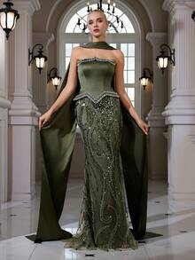 Satin Beaded Sequin Embroidered Lace Elegant Sexy Strapless Bodycon Fishtail Maxi Dress, Suitable For Cocktail Party, Gathering, Evening Gown - Green - View 2