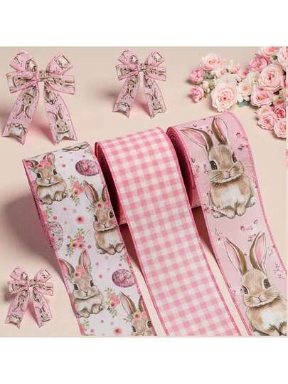 5 Yards/Roll Easter Pink Rabbit Ribbon, Colorful Linen Ribbon For Spring, Easter Themed Gifts Packaging, Watercolor Rabbit & Flower Polyester Craft Ribbon, Birthday, Holiday, Party, Christening, Housewarming Gift Wrapping Bow, Wreath Making, Gift Packaging, Easter, Eid, Valentine's Day, Anniversary, Mother's Day, Thanksgiving Decoration, DIY Sewing Supplies