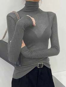 2025新款黑色高领透视网纱薄款长袖T恤，秋冬季叠穿上衣 - 灰色 - 查看 3