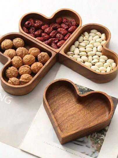 1個 かわいいハート型ナッツ&キャンディートレイ、小型ポータブル仕切りスナックトレイ、木製スタッカブル ドライフルーツボックス、ハート型ボウル フルーツ、デザート、ナッツ、スナック、キャンディー