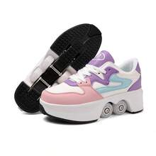 PHTEER 学生轮滑鞋，带可伸缩轮按钮，四轮自动伸缩，舒适，适合青少年及成人户外运动 - 紫色 - 查看 5