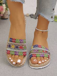 Summer Fashion One-Strap Slippers, Lightweight EVA Sole Beach Sandals, New Colorful Woven Flat Sandals For Women, Size 35-45 - Colorful - Gold Thread Weaving - View 2