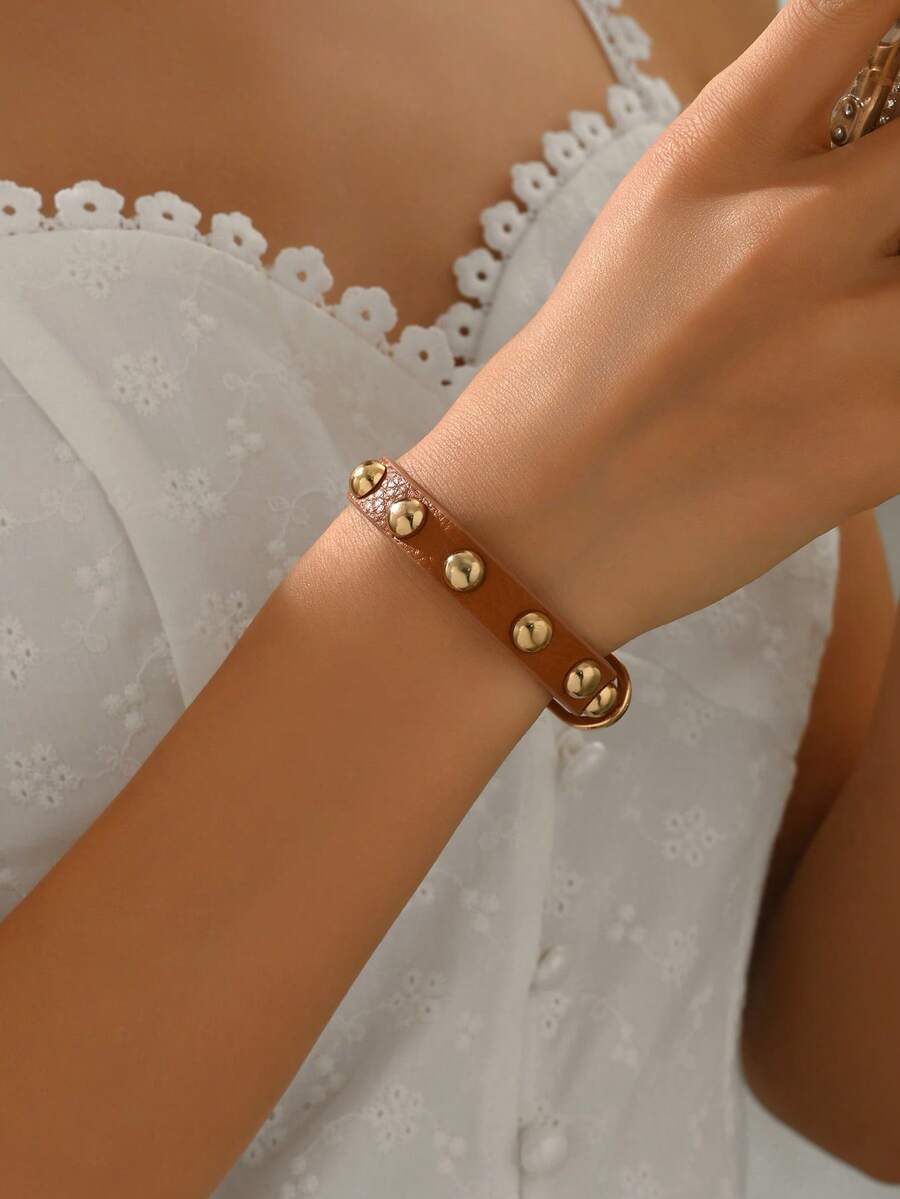 1pc Women's Punk Rivet PU Round Rivet Motorcycle Goth Y2K Adjustable Bracelet, Versatile For Daily Wear - Brown - View 1
