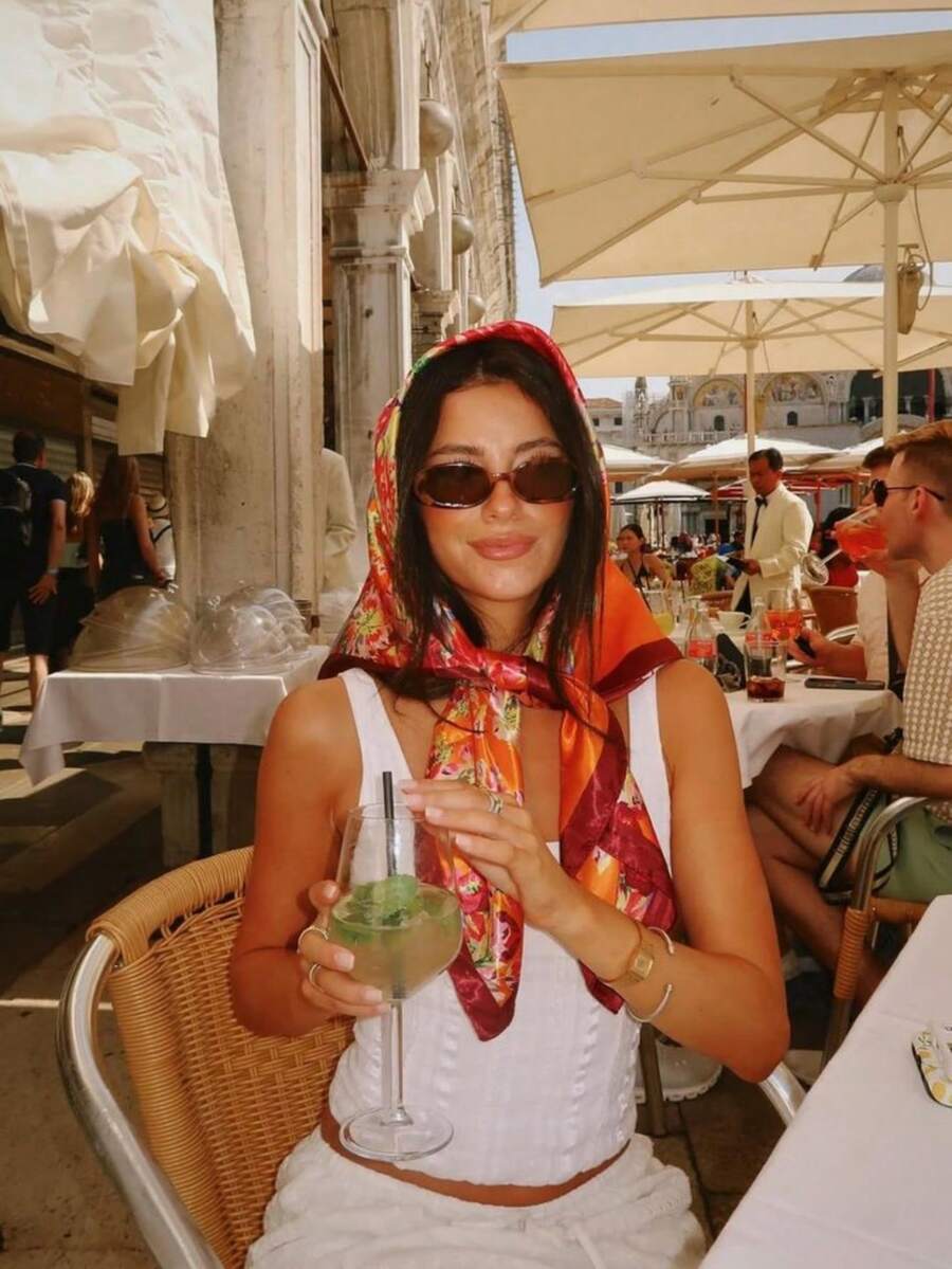 1件装女士橙色休闲玫瑰鸢尾花印花丝巾/发带，波西米亚度假风，丝绸发饰，适合夏季泳池派对、海滩音乐节和街头时尚。