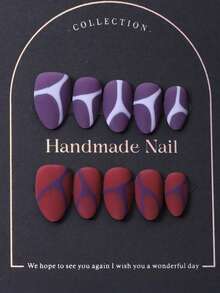 10片/套，欧美手工短杏仁形美甲贴纸，Y2K紫色不对称风格，手工不对称线条印花设计，美甲装饰。包含1片果冻胶和1把指甲锉。完美适用于日常生活和科切拉音乐节的造型，美甲贴片及美甲护理产品。美甲用品 手工美甲贴片 - 紫色 - 查看 2