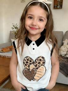 休闲时尚豹纹爱心印花 Polo 领背心，女童新款春夏系列 - 白色 - 查看 8