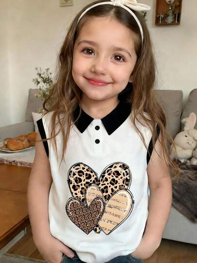 休闲时尚豹纹爱心印花 Polo 领背心，女童新款春夏系列