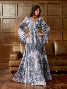 Faeriesty Elegant Deep V-Neck Flowing Maxi Dress, Paired With Exaggerated Bell Sleeves And A Fitted Silhouette, Romantic Leopard Print And Abstract Patterns Intertwine, Suitable For Wedding Guest, Romantic Photoshoot, Anniversary Date, Garden Party, And Bridal Shower - Black - View 1