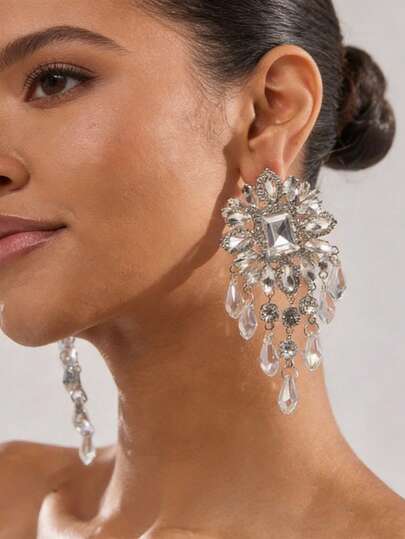 2pcs Luxury Rhinestone Flower Glass Bead Tassel Earrings, Exaggerated Personalized High-End Earrings For Women