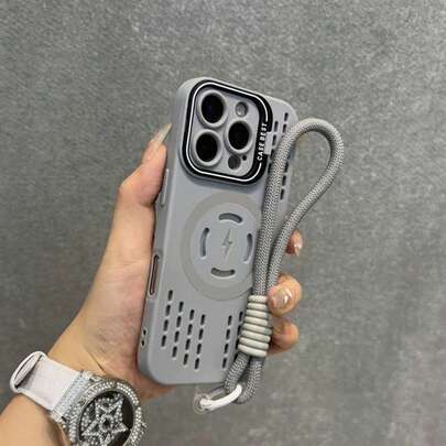 1个夏季冰晶镂空透气散热镜头支架磁吸手机壳，带挂绳，兼容 16 Pro Max/15 Plus，防摔，兼容 14/13，纯色软壳保护套，兼容 17 Pro Max、17 Pro、17